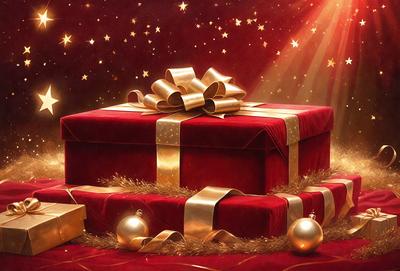 The primary subject of the image is a large, red, gold, and white gift box. The box is adorned with a bow and is placed on a red background. The setting appears to be a festive and celebratory environment, possibly during the holiday season. The visual style of the image is a painting, which adds a sense of artistic expression and creativity to the scene. The colors and mood of the image are warm, inviting, and joyful, reflecting the spirit of giving and receiving gifts during